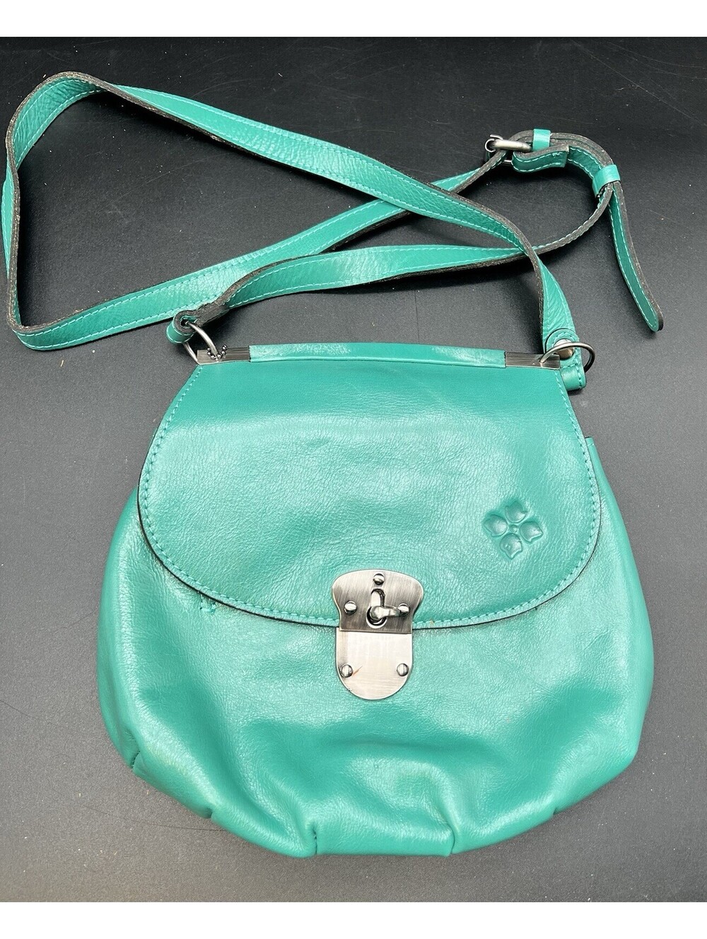 Patricia Nash Teal Aqua Leather Crossbody Bag Turn Lock Brown Suede 10th Anniv.